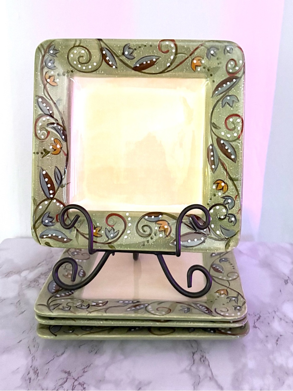 Vintage Pier 1 Hand-Painted Square Luncheon Plates-set of 4